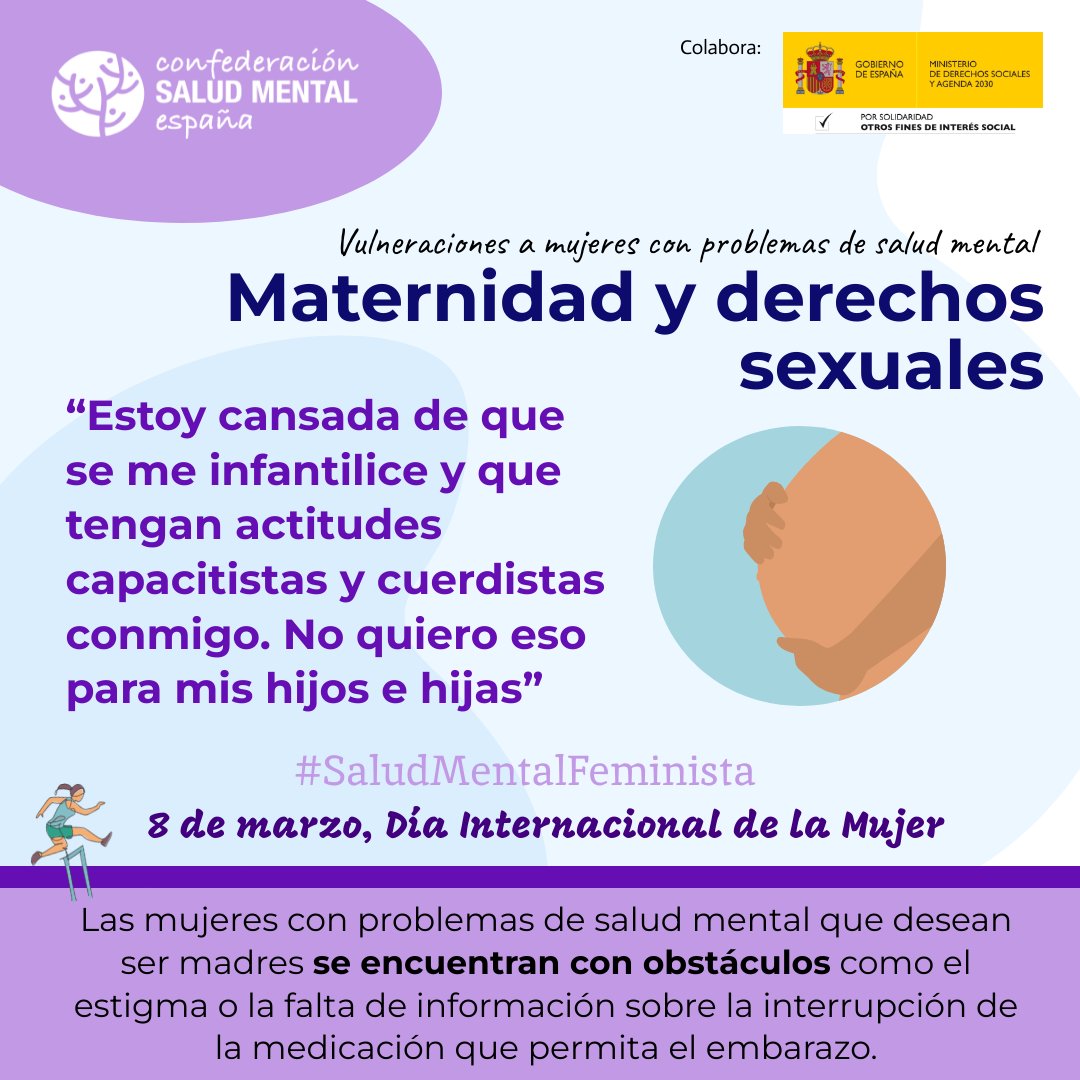 SaludMentalPal's tweet photo. MATERNIDAD Y DERECHOS SEXUALES: "Estoy cansada de que se me infantilice y que tengan actitudes capacitistas y acuerdistas conmigo. No quiero eso para mis hijos e hijas". 
#8M #SaludMentalfeminista #DiaInternacionalMujer 
@saludmentalcyl
@consaludmental https://t.co/6YxDGkHsj2