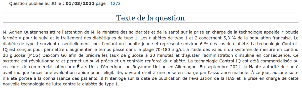 FedeDiabete's tweet image. Question posée par le député @AQuatennens sur la prise en charge de la technologie Control-IQ 
#ControlIQ #bouclefermee :

" A quand la prise en charge de cette nouvelle technologie de lutte contre le #diabète de type 1 ? " 
👉 questions.assemblee-nationale.fr/q15/15-44513QE…