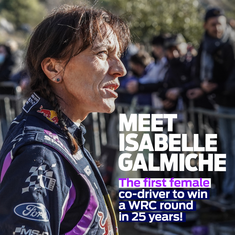 FordNewsEurope's tweet photo. Isabelle Galmiche became the first female co-driver to reach the top step of @OfficialWRC podium since 1997.
 
For #InternationalWomensDay, Isabelle shares her thoughts on winning #RallyeMonteCarlo in the @MSportLTD #Ford #PumaRally1 and what it takes to rally. 🏁