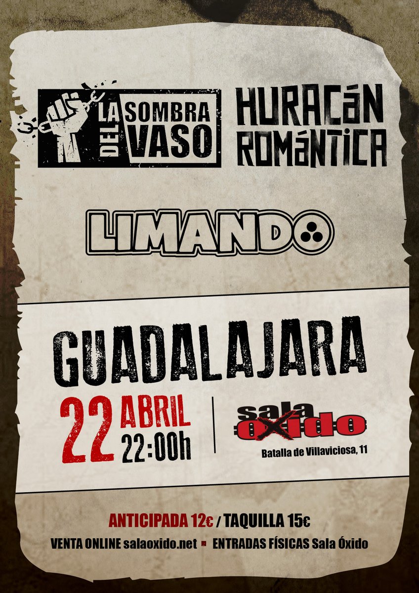 ¡Familia, se avecina bolazo!

Nos complace enormemente anunciaros que el próximo 22/4 compartiremos tablas con nuestros queridos <a href="/Limando_Oficial/">LIMANDO</a> y Huracán Romántica 😱

📍 <a href="/SalaOxido/">Sala Oxido</a> (Batalla de Villaviciosa, 11, Guadalajara)
📆 22 de abril
🎟️ Tickets: woutick.es/evento/22580/e…