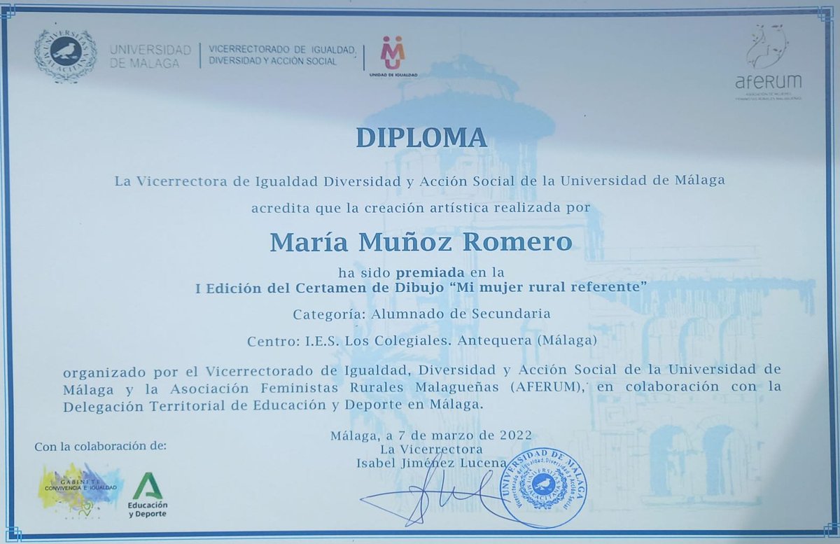 IColegiales's tweet photo. Hoy celebramos el 8M con doble alegría. Nuestra alumna de 4º B: María Muñoz ha resultado ganadora del Certamen de Dibujo: " Mi mujer rural referente" organizado por  AFERUM, al Gabinete de Igualdad de la Delegación de Málaga y la Universidad de Málaga. https://t.co/gYa1KtdtEZ