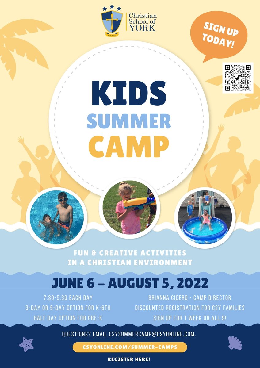 Summer camp signups are here! Sign up before April 15 to get our early bird discount on our 5 full day option! CSY families get an extra discount on registration.

Questions? Email CSYSummerCamp@csyonline.com. We can't wait to see you there!