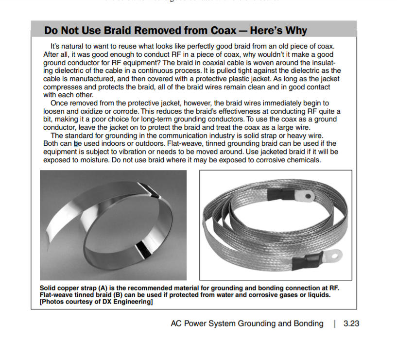arrl's tweet photo. ARRL Education and Learning Tuesday Tech Tip: When grounding and bonding,  don't use that braid from an old length of coaxial cable. Learn why not, and more, in Grounding and Bonding 2nd Edition. #hamradio #amateurradio #grounding https://t.co/DlKH1i0Q89 https://t.co/9y9mVnj23b