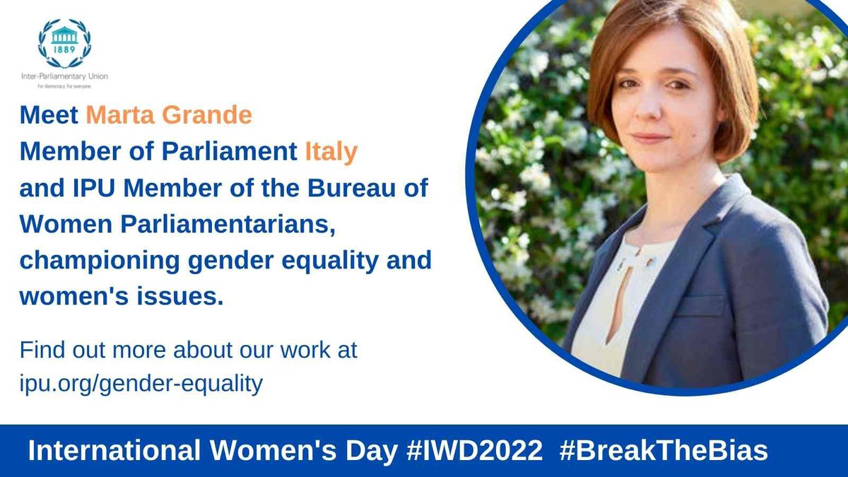 IPUparliament's tweet photo. This #IWD meet the #IPU Bureau of Women Parliamentarians, including @MartaGrande87 from #Italy🇮🇹, an #MP committed to #genderequality.
As we prepare for #IWD2022 and the Forum of #WomenMPs at #IPU144, find out more about our work:
➡️https://t.co/aXXtfJiuyP https://t.co/J6JiQy25vA