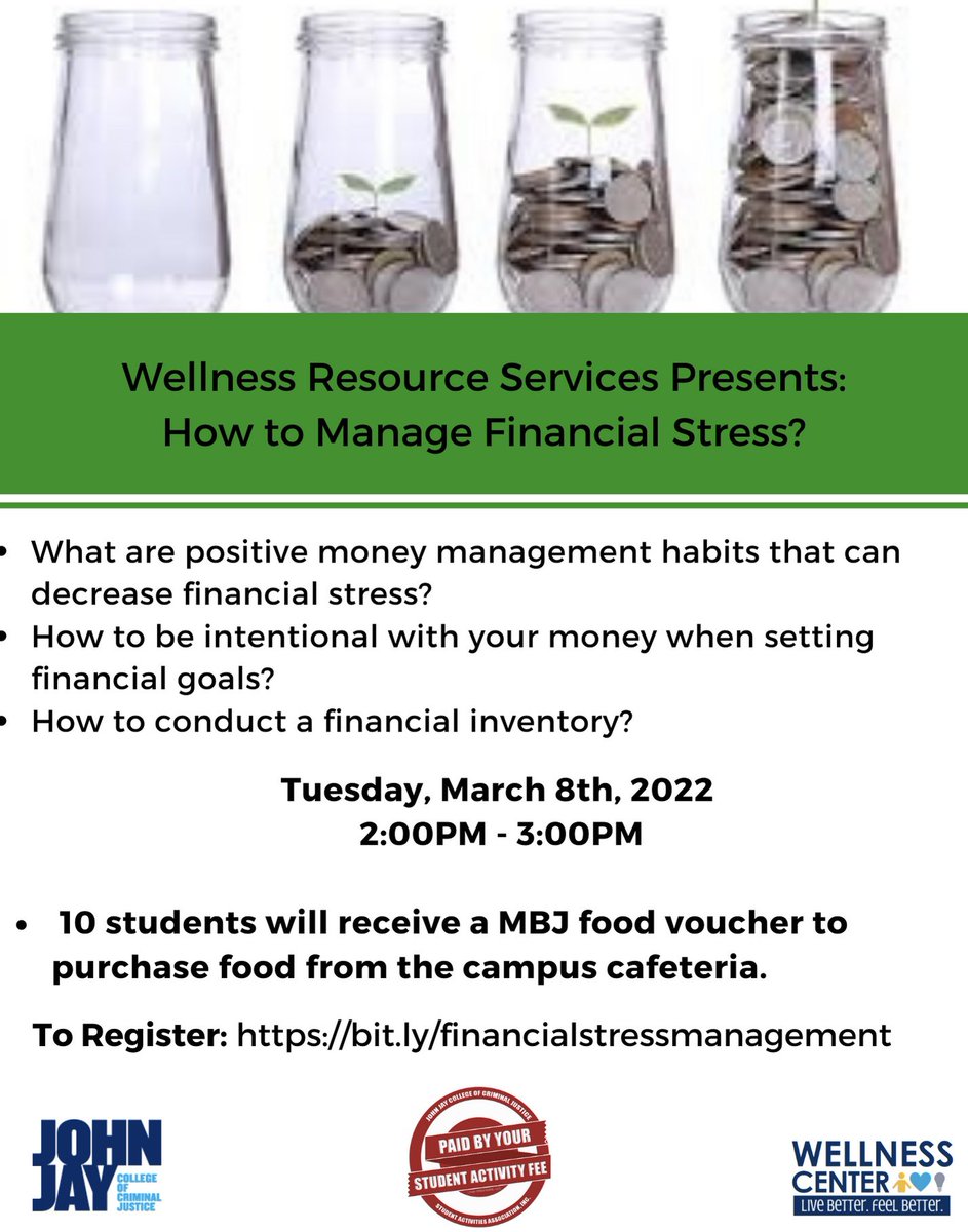 jjcwellness's tweet photo. Students will have the opportunity to learn positive money management habits that can help to decrease financial stress, the importance of being intentional when setting new financial goals and the steps needed to conduct a financial inventory. #MyJohnJay https://t.co/LYzMiiomOk