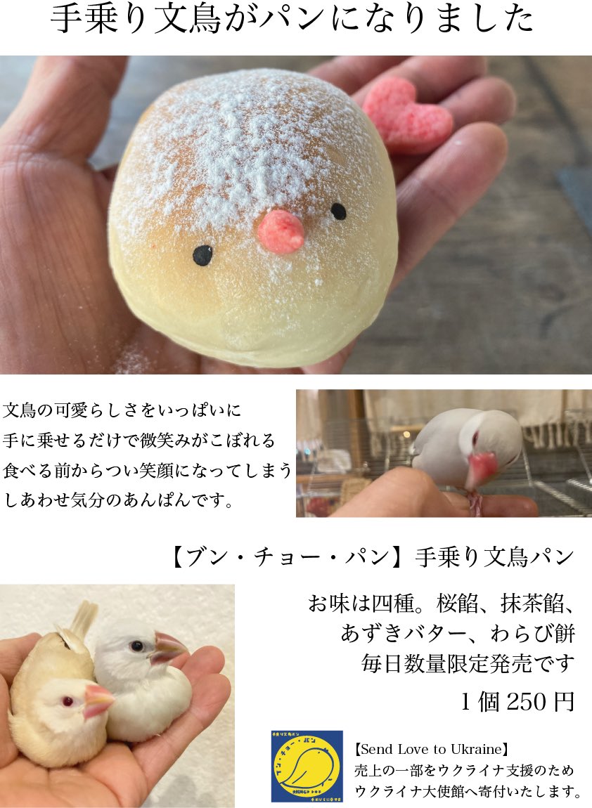 dot_kitchen's tweet photo. ブン・チョー・パン発売迫る。
平和を願う文鳥パン。
ロシアとウクライナどっちが悪いかは、私には判断できません。
でも、困っているのは戦地になっているウクライナですので。
文鳥パンの売上の一部は、ウクライナへの寄付にします。
#手に文鳥 #手に文 #テニブン #tinyboon #SendLovetoUkraine https://t.co/ugZrj2W2xL