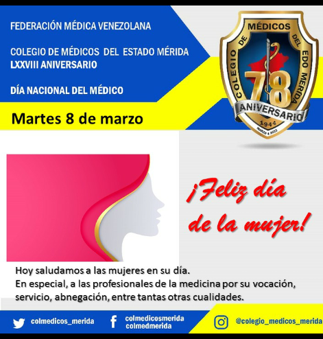 medicos_merida's tweet photo. Hoy es el Día Internacional de la Mujer y desde el #colegiodemédicos del estado #Mérida, expresamos nuestro sincero saludo todas las mujeres en su día. Felicitamos especialmente, a las mujeres que ejercen la medicina en Venezuela y en Mérida. https://t.co/fof5cAVSlD