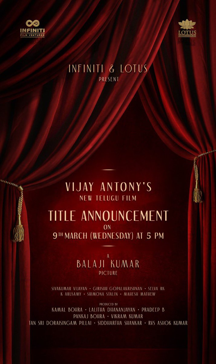 .@vijayantony 's new film with Director @DirBalajiKumar Produced by @FvInfiniti & @lotuspictures1 Telugu Title announcement tomorrow at 5 pm. ⭐g @ritika_offl @Meenakshiioffl @murlisharma72 @realradikaa & many. Team @sivakvijayan @ggirishh @EditorSelva @onlynikil @ctcmediaboy