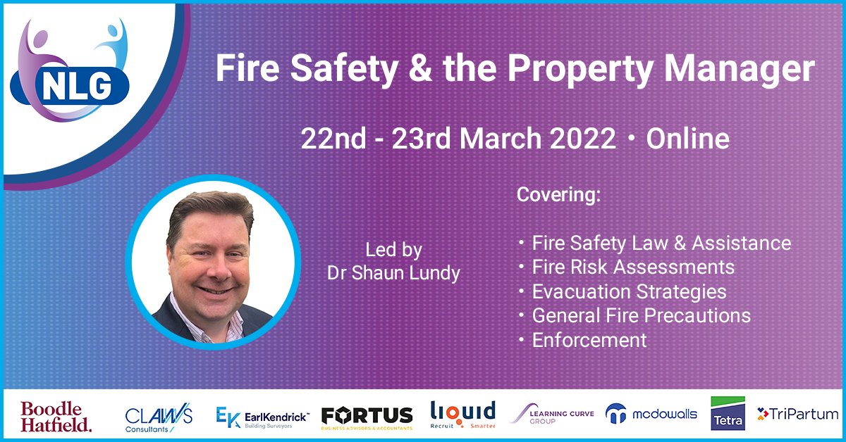 NLGroup_UK's tweet photo. Training: Fire Safety &amp; the Property Manager

Led by Dr Shaun Lundy of @LtdTetra, this online session is not to be missed. 

Book your place today for just £149 + VAT:

🟣  https://t.co/6HUGht1crc

#PropertyManagement #NLGTraining #CPD https://t.co/0CyD1AUITD