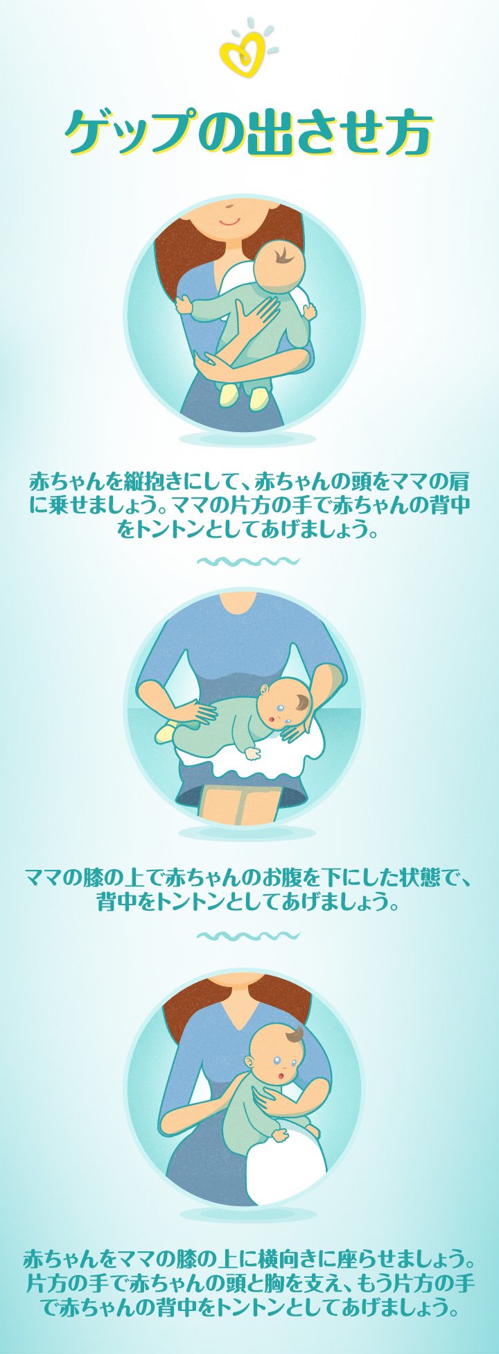 さくにゃん 赤ちゃんのゲップが上手に出せない時があるので調べたら パンパースと西松屋のサイトにイラスト付きでやり方 が載ってた 縦抱っこの方法と膝に座らせる方法は知っていたけど 膝にうつ伏せにする方法は知らなかった W 赤ちゃんのゲップ