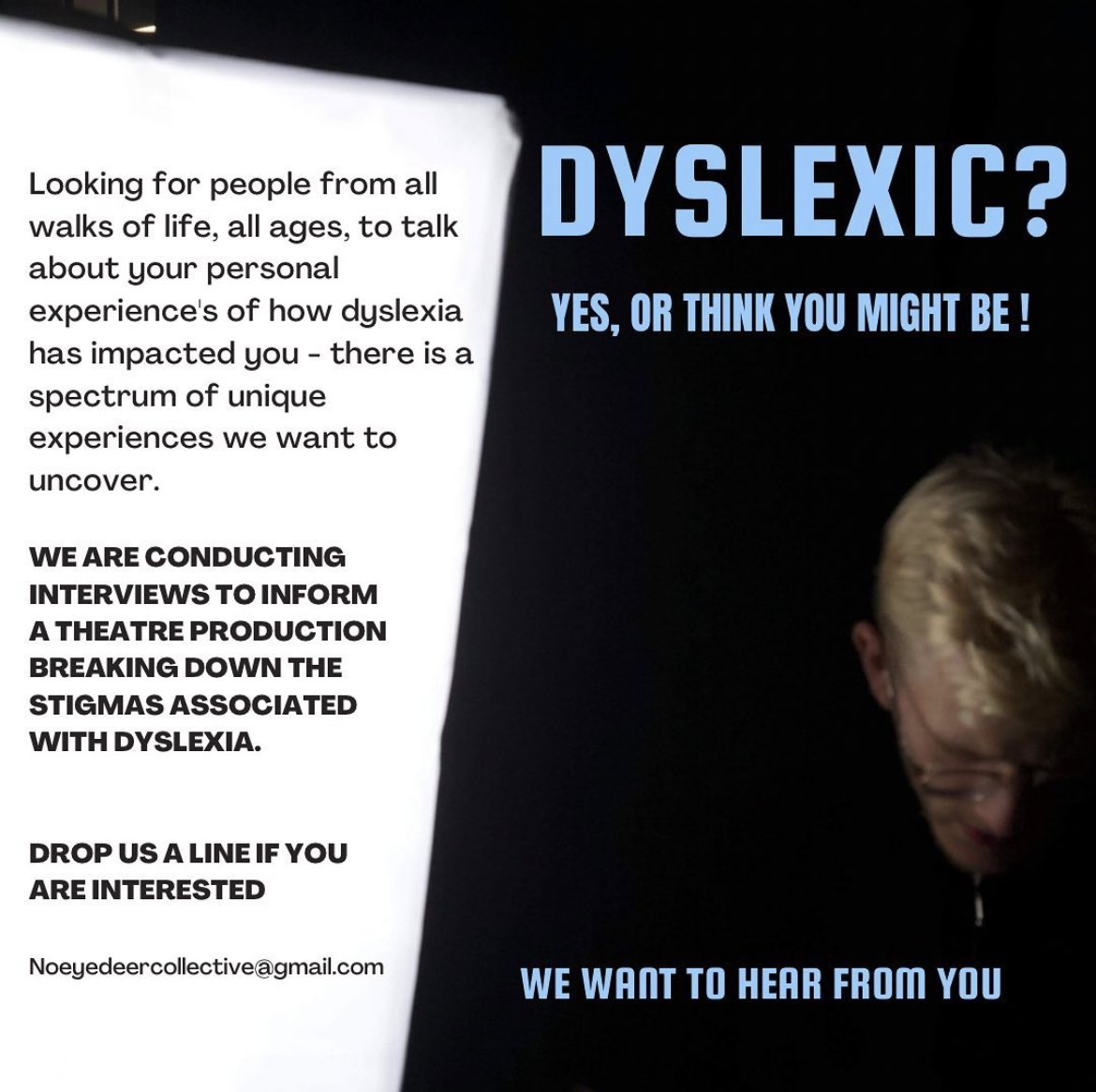 🚨CALL OUT for interviews to inform the content of a theatre production🚨 Drop us a line at noeyedeercollective@gmail.com

We so look forward to connecting with you! #NDCommunity #dyslexic #actor #neurodivergent