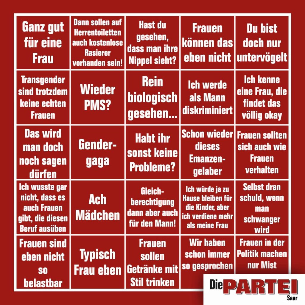 Die <a href="/DiePARTEISaar/">Die PARTEI Saar</a> präsentiert:
Bullshit-Bingo zum #Weltfrauentag!