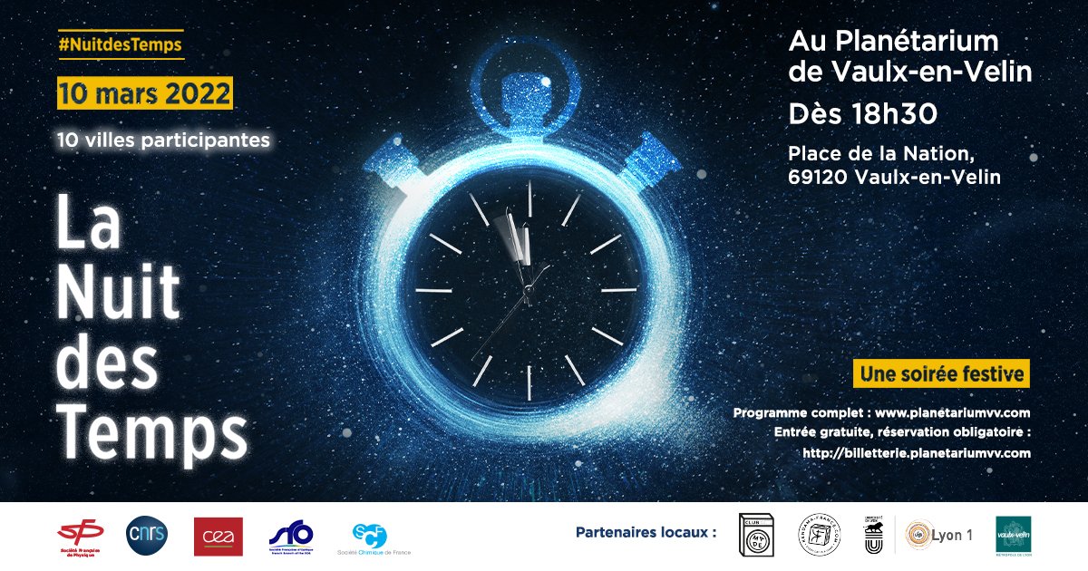 Qu'est-ce donc que le temps ⏳? 
Est-il le même partout ? 
A-t-il eu un début, aura-t-il une fin ? 
Philosophes, scientifiques et artistes viennent à votre rencontre pour lever le voile sur ses secrets... 
Soirée gratuite : bit.ly/35rzBaa
#NuitdesTemps <a href="/SFP_officiel/">Société Française de Physique</a>