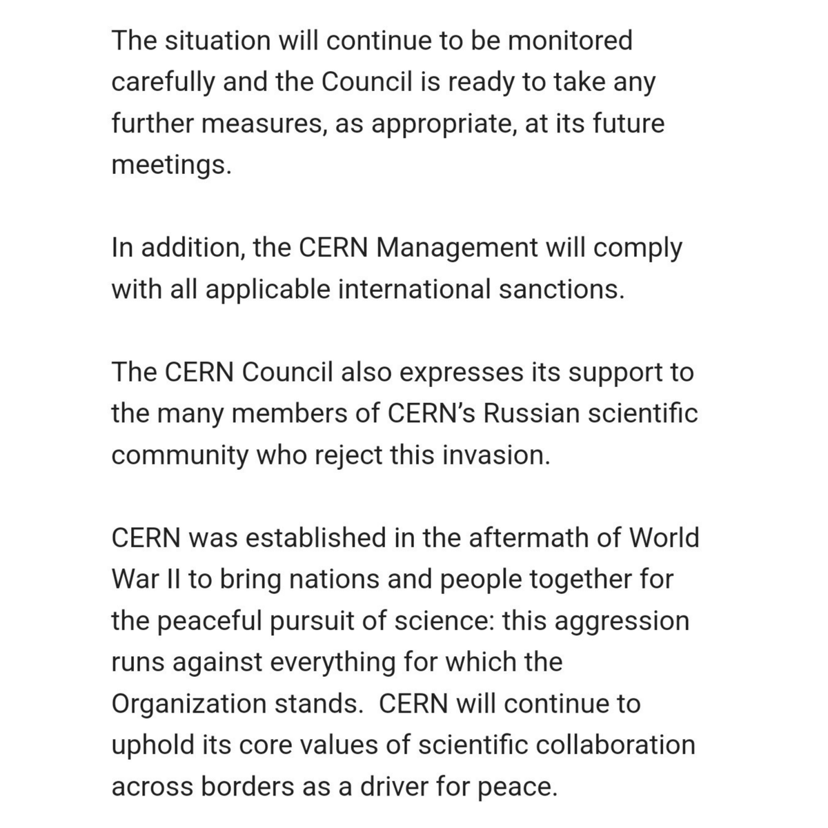 CERN's tweet photo. CERN Council responds to Russian invasion of Ukraine 

Read the news: https://t.co/ebQ6CtNKn0 https://t.co/mtTpR4xORg