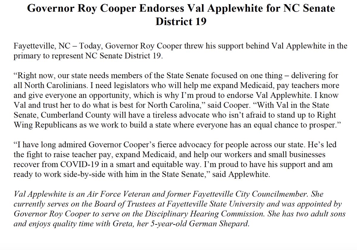 I am honored to be endorsed by <a href="/RoyCooperNC/">Roy Cooper</a> in my campaign for NC Senate. I am ready to work side-by-side with him in the State Senate. #ncpol