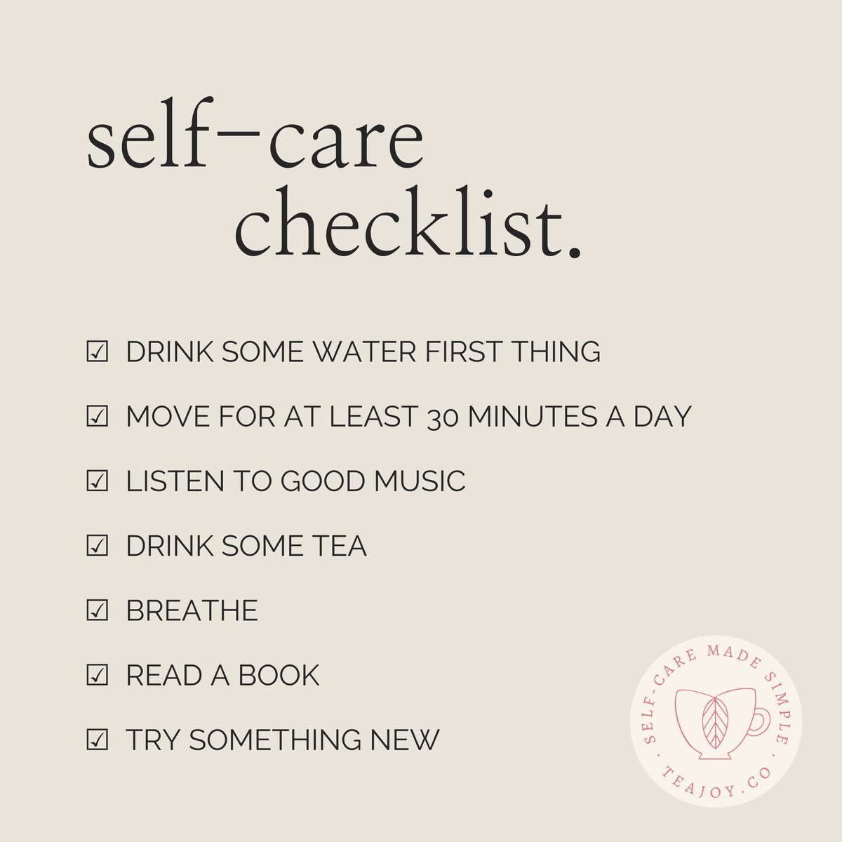 RobinRansom's tweet image. Self-Care Checklist for Creators

• Drink some water
• Move 30 mins
• Listen to good music
• Breathe
• Drink some tea ;)

#tweet100