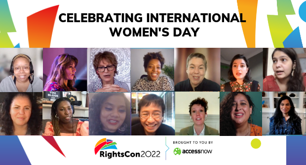 Photo collage with title "Celebrating International Women's Day" featuring 14 women speakers from RightsCon on a background of colourful shapes. The RightsCon and Access Now logos are in the center bottom of the image. 