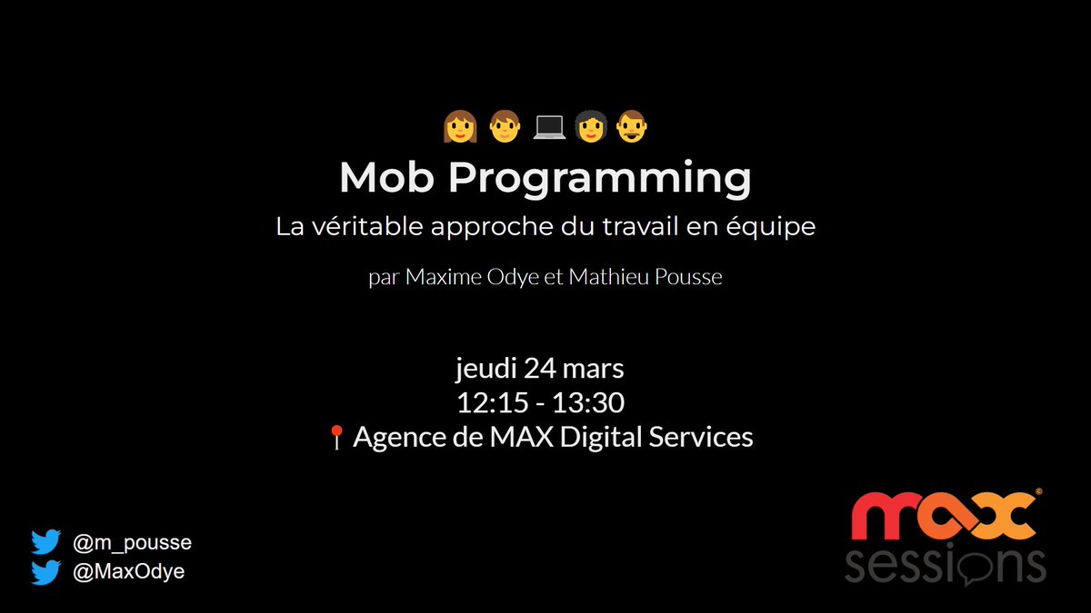 Ils ont donné cette conf à l’Agile Tour @atrennes et la donneront à <a href="/DevoxxFR/">DevoxxFR</a> dans quelques semaines, <a href="/MaxOdye/">Maxime Odye</a> et <a href="/m_pousse/">Mathieu POUSSE</a> nous font le plaisir de venir parler MOB programming 👩🧑‍💻👩‍🦱👨 dans le cadre des #MaxSessions.
Ça se passe par ici : meetup.com/fr-FR/MaxSessi…
#tech #Rennes
