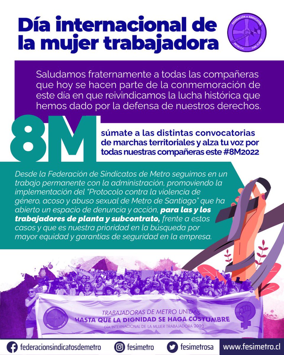 Saludamos a todas las compañeras en este Día Internacional de la Mujer Trabajadora. Hoy conmemoramos las luchas que durante años han buscado defender su dignidad, avanzando en la igualdad de derechos. Por aquellas que nos estan y por las que vendrán #8M2022 #8Marzo2022