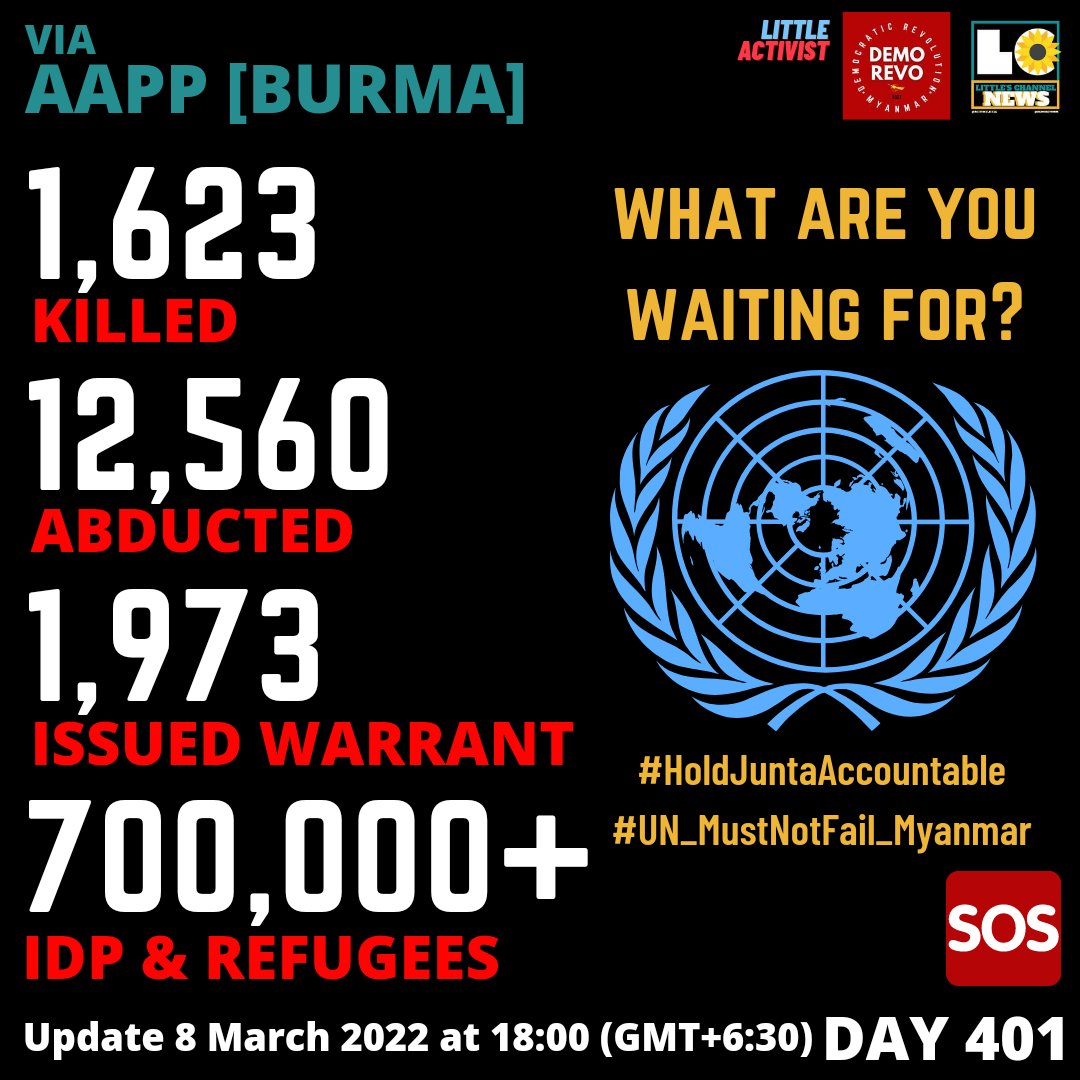 ActivistLittle's tweet photo. Day 401 after military coup in Myanmar [Via: @aapp_burma]

1,623 Killed
12,560 Abducted
1,973 Issued Warrant
700K+ IDP &amp; Refugees

@UN What Are You Waiting For?

#HoldJuntaAccountable #UN_MustNotFail_Myanmar https://t.co/TC6h2MUcL5