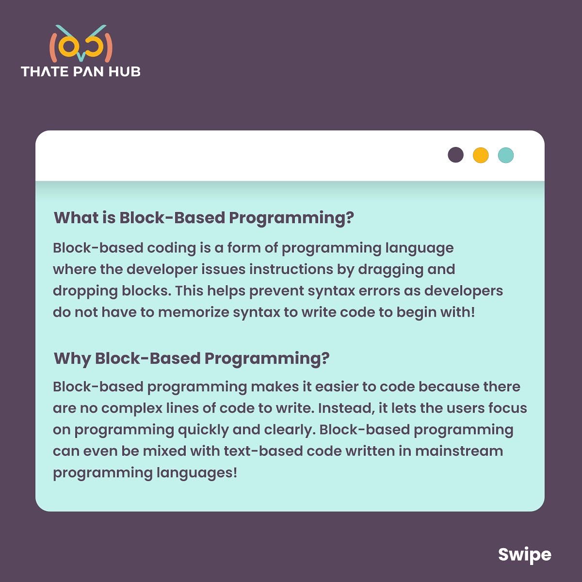 thatepanhub's tweet image. Thate Pan Hub uses block-based programming through @codeorg in our free computer science classes because it’s a visual programming language that children can easily understand. But what exactly is it?
Read below in the images to find out!
#BlockBasedProgramming #ThatePanHub