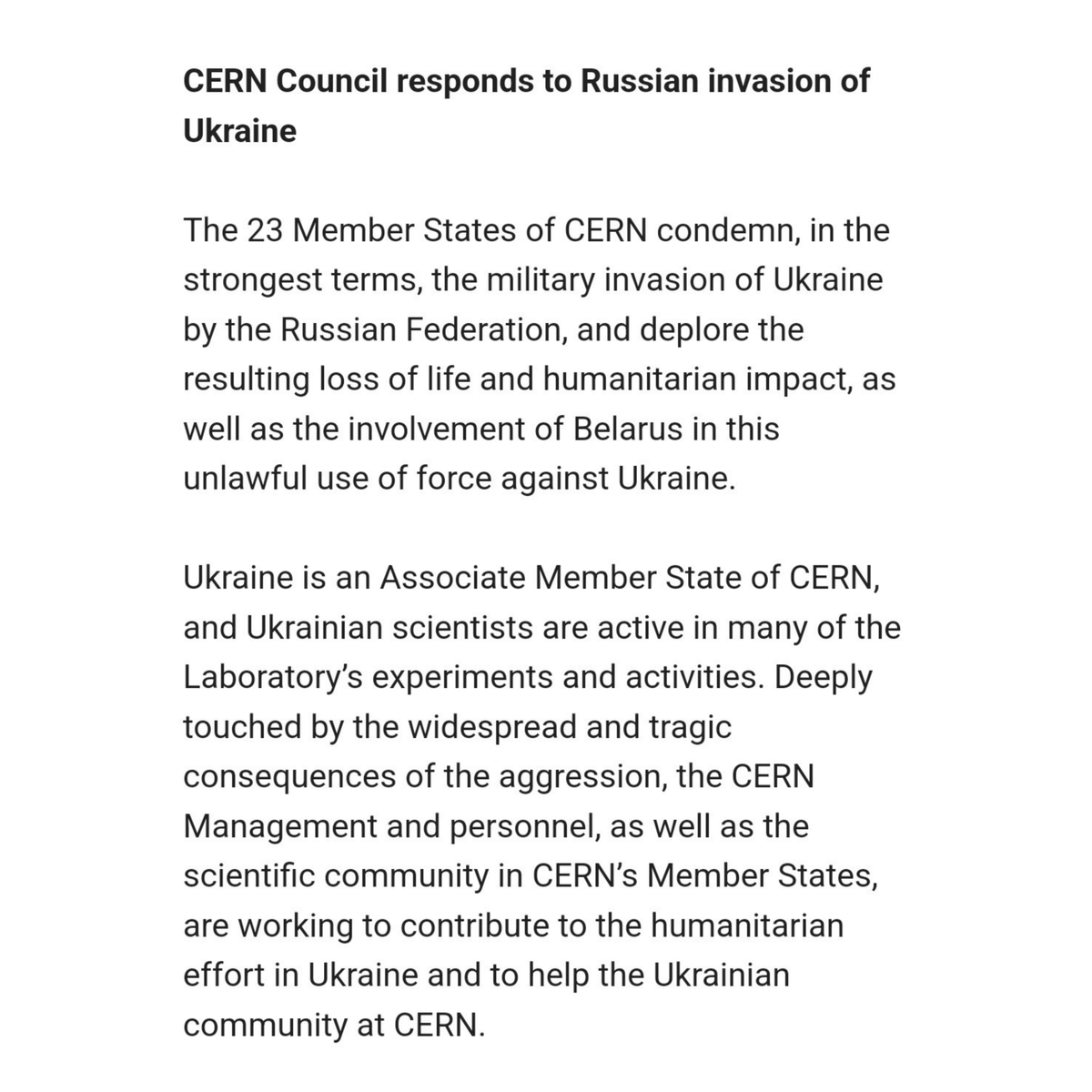 CERN's tweet photo. CERN Council responds to Russian invasion of Ukraine 

Read the news: https://t.co/ebQ6CtNKn0 https://t.co/mtTpR4xORg