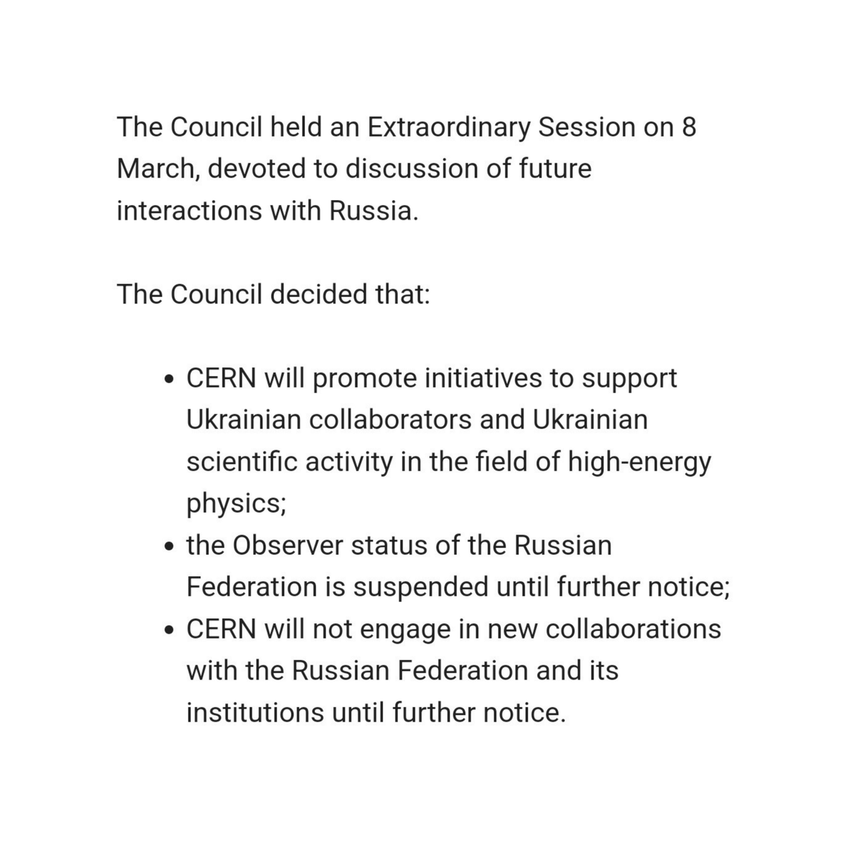 CERN's tweet photo. CERN Council responds to Russian invasion of Ukraine 

Read the news: https://t.co/ebQ6CtNKn0 https://t.co/mtTpR4xORg