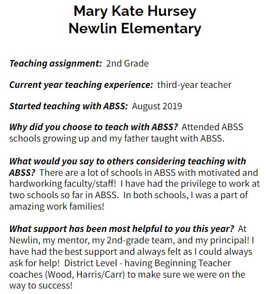 AbssNewTeachers's tweet photo. Beginning Teacher Spotlight - Mary Kate Hursey is a third-year teacher at Newlin Elementary @NewlinElem.  "There are a lot of schools in ABSS with motivated and hardworking faculty/staff!  I have had the privilege to work at two schools ... I was a part of amazing work families!" https://t.co/Hn125zBlcd