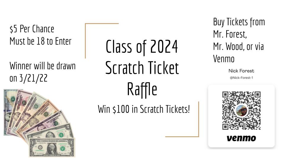 Help the ASRHS Sophomore class for a chance to win $100 in scratch tickets!  $5 per chance, see Mr. Forest, Mr. Wood, or Venmo. Must be 18 to enter #asrsd