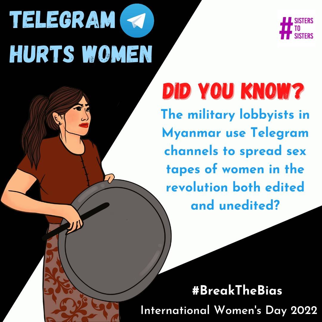 It's good to remember the apps that are allowing violence against women this #InternationalWomensDay2022. #Telegram is one of those apps, and the Myanmar regime is benefitting from it.

#telegramHurtsWomen
#WhatsHappeningInMyanmar