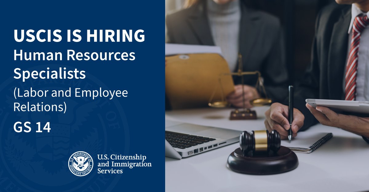 USCIS's tweet photo. USCIS is seeking individuals to fill two critical human resources specialist roles – associate chief negotiator and litigation specialist. Learn more and apply! These opportunities close on 3/11. https://t.co/9O2yHjAHT8 #LaborRelations #JoinUSCIS https://t.co/1JtpEpvxD3