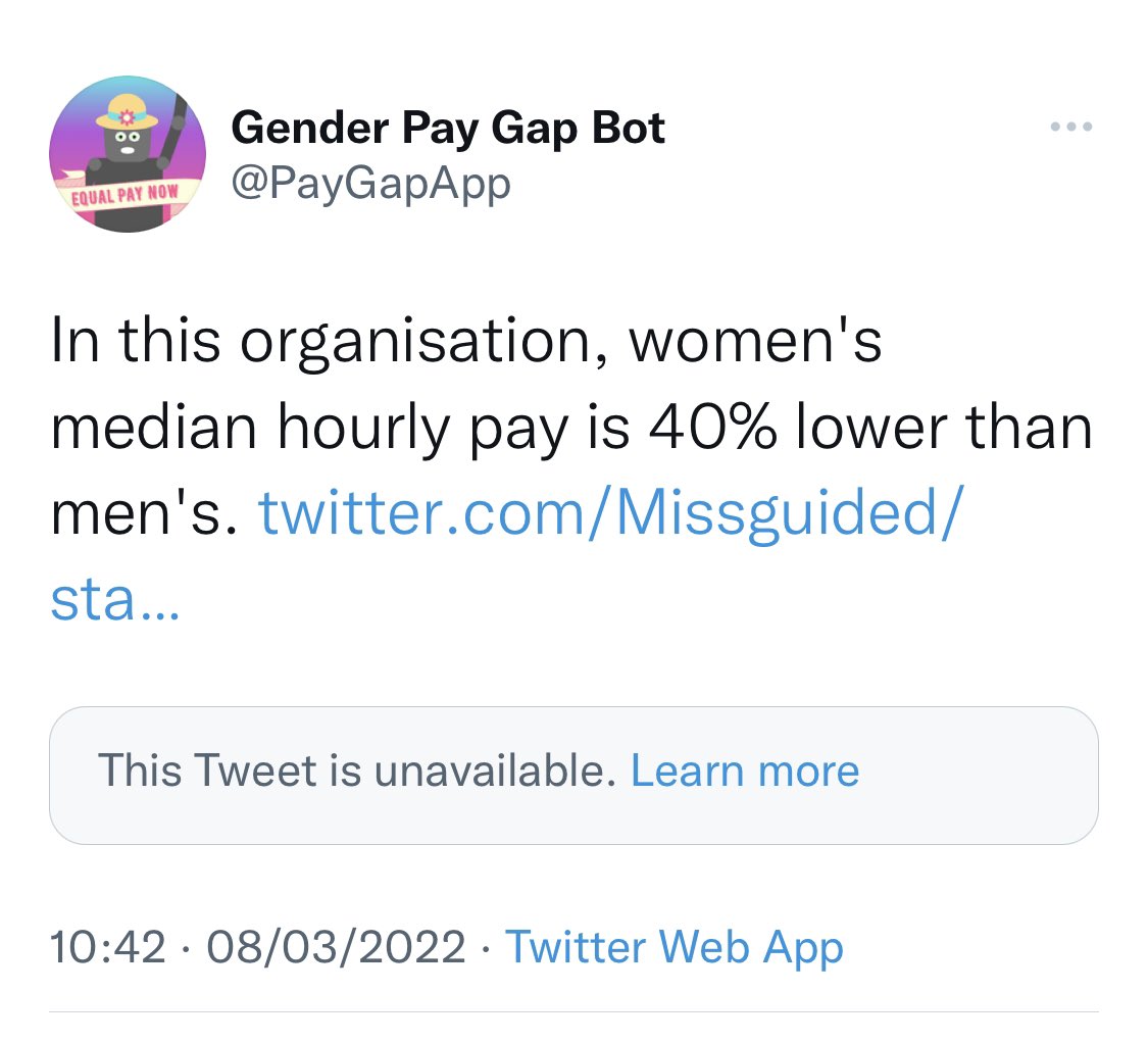 jdunstan's tweet photo. @Missguided Rather than pay it forward, can you pay your own women properly first? A 40% pay gap is appalling. #IWD2022 #InternationalWomensDay2022 #payitforwardwithmissguided https://t.co/ahKiEuduVT