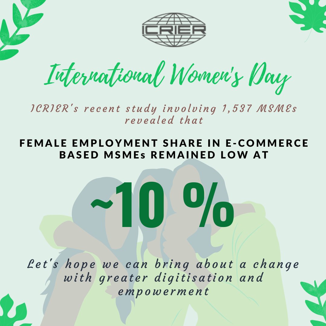 ICRIER's tweet photo. Women continue to be under-represented! A long road to gender equality and sustainable tomorrow! Full report can be accessed here:
https://t.co/spcxQBdPTL
#internationalwomensday #womenempowerment #digitaliation #MSME #ECommerce https://t.co/57CxDVtyzr