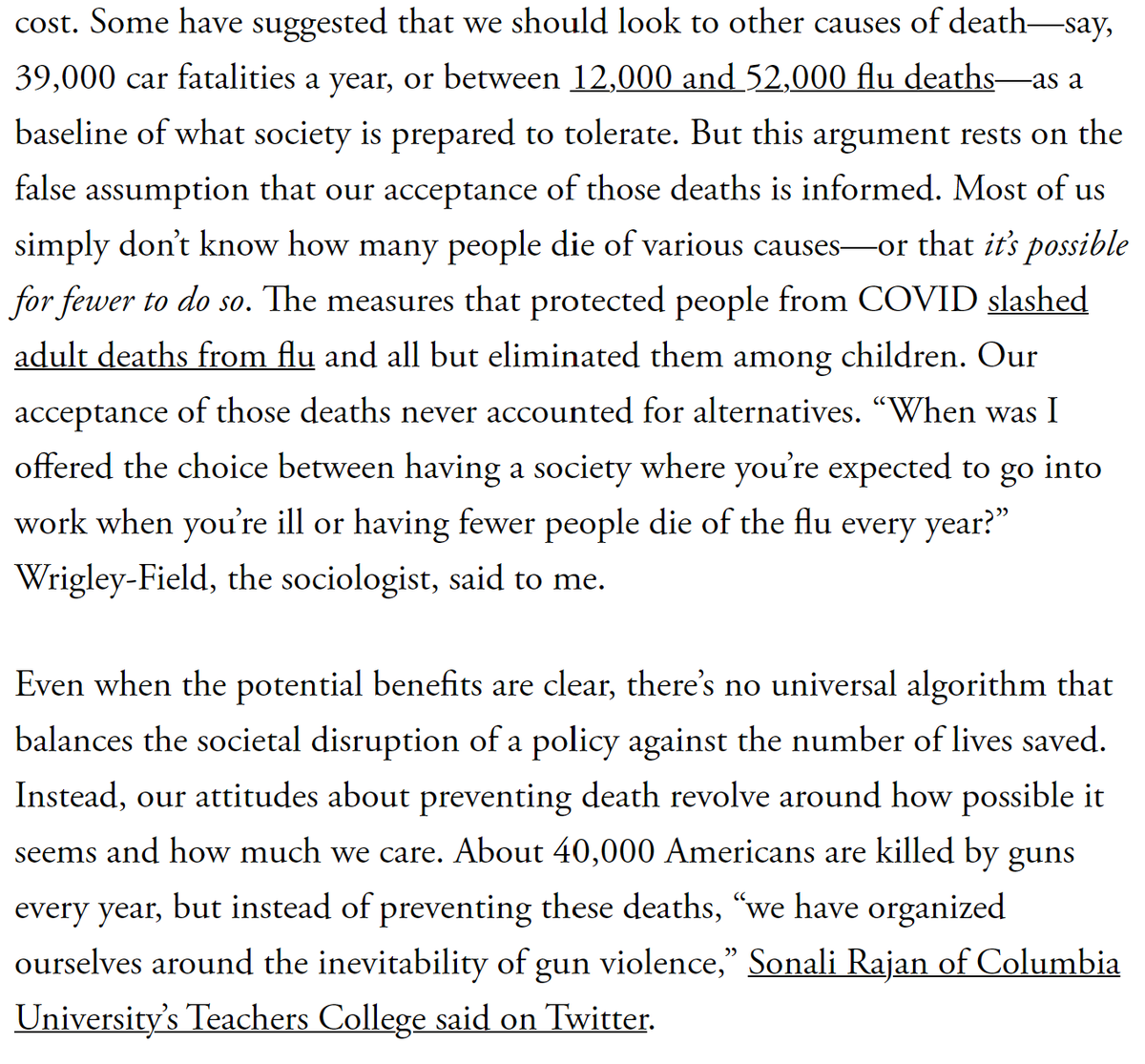 edyong209's tweet photo. Pundits often treat deaths from flu or car crashes as a baseline of what society is prepared to tolerate. This is silly. We don’t accept those risks in an informed way. The truth is there are some kinds of death we accept and others we don’t. 14/  https://t.co/CZr7fKThHK https://t.co/fOA7RKsaEk