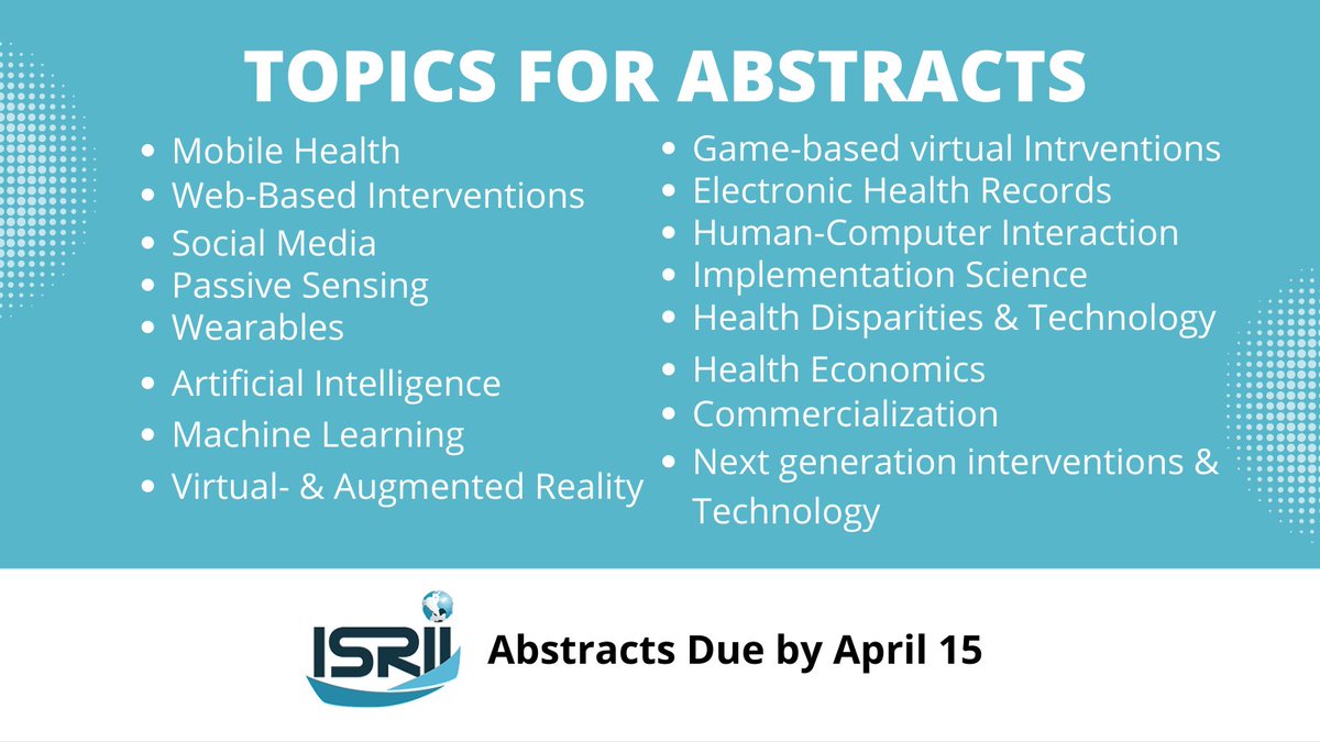 Wondering if your work is appropriate for <a href="/TheISRII/">ISRII</a> '11 abstract submissions? Here are some of the topics we are looking for! Abstracts are due by 4/15! Reach out with any questions! #isrii11 #isriipittsburgh

isrii2022pittsburgh.org/call-for-papers
