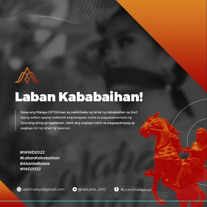 MALAYA_UPD's tweet photo. Kaisa ang MALAYA-UP Diliman sa pakikibaka ng lahat ng kababaihan sa iba’t ibang sektor upang makamit ang kalayaan mula sa pagsasamantala ng lipunang ating ginagalawan, dahil ang paglaya natin sa pagpapahayag ay paglaya rin ng lahat ng kasarian🕊️

#IWWD2022
#LabanKababaihan https://t.co/hVtadjutZk