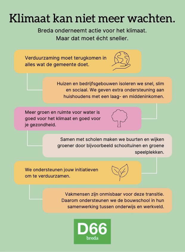 D66Breda's tweet photo. Breda onderneemt al actie tegen klimaatverandering. Maar we kunnen niet meer treuzelen. Het is tijd om verduurzamen nu écht prioriteit te maken. Dat betekent duidelijke keuzes voor echte klimaatactie. 👇🌳 https://t.co/Pb3OZGV2YW
