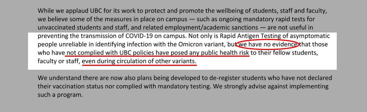 estherwrightman's tweet image. BC Medical Officers of Health:

"...we have NO evidence that those who have not complied with UBC policies have posed ANY public health risk to their fellow students, faculty, or staff, EVEN during circulation of other variants."

No evidence. None. Ever.

bm-covid-19-2020.sites.olt.ubc.ca/files/2022/02/…