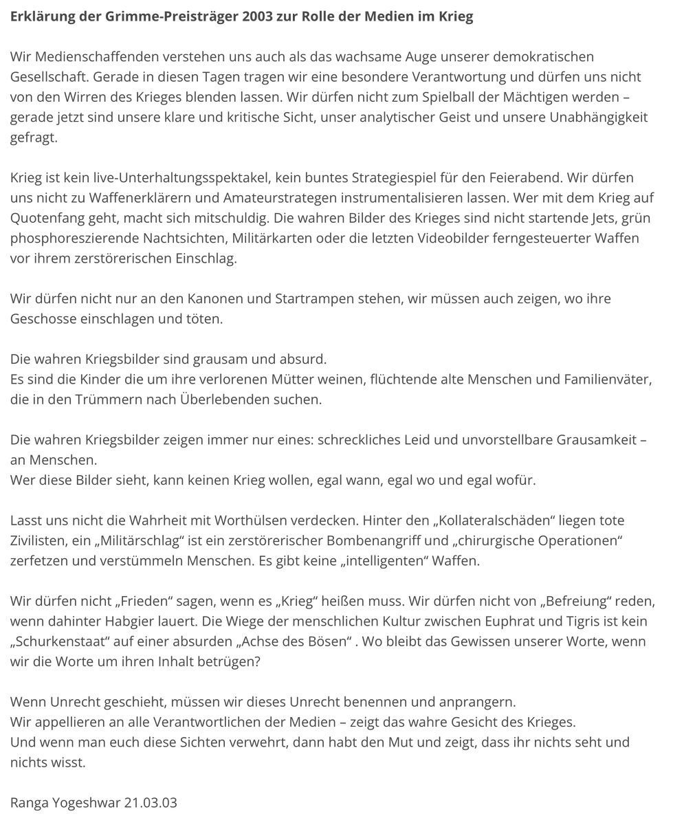 RangaYogeshwar's tweet photo. Inmitten der kriegerischen Eskalationsspirale ist es an der Zeit umzudenken. Den folgenden Appell schrieb ich im Jahr 2003. Er wurde damals von den Grimme-Preisträgerinnen und Preisträgern unterzeichnet. PEACE now! Ranga https://t.co/tNugWDkxay