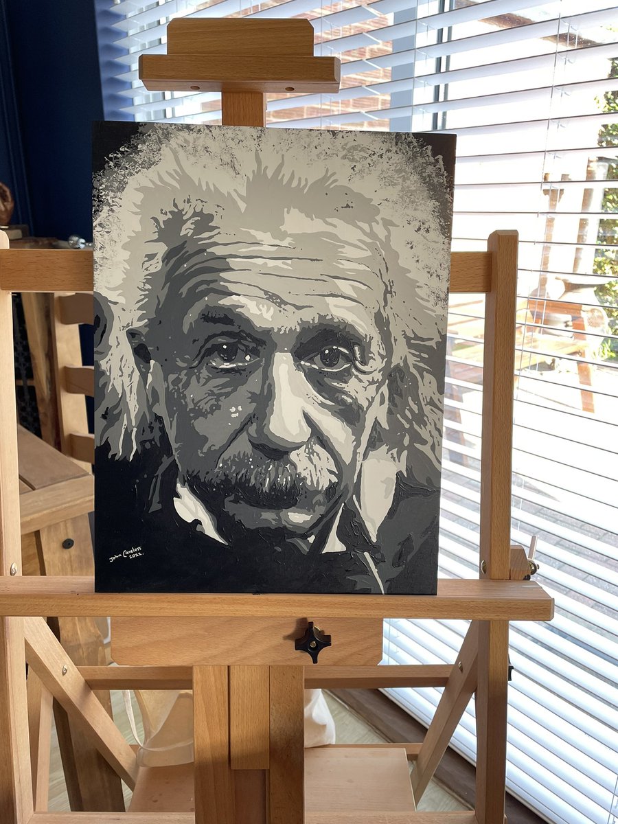Well, 27hrs of work, but Mr Einstein is finished.
Acrylic paints onto a Beechwood Panel. I used cling film dip to do the edges of the hair, to give it the mad whisky effect. I hope you guys and gals like it.