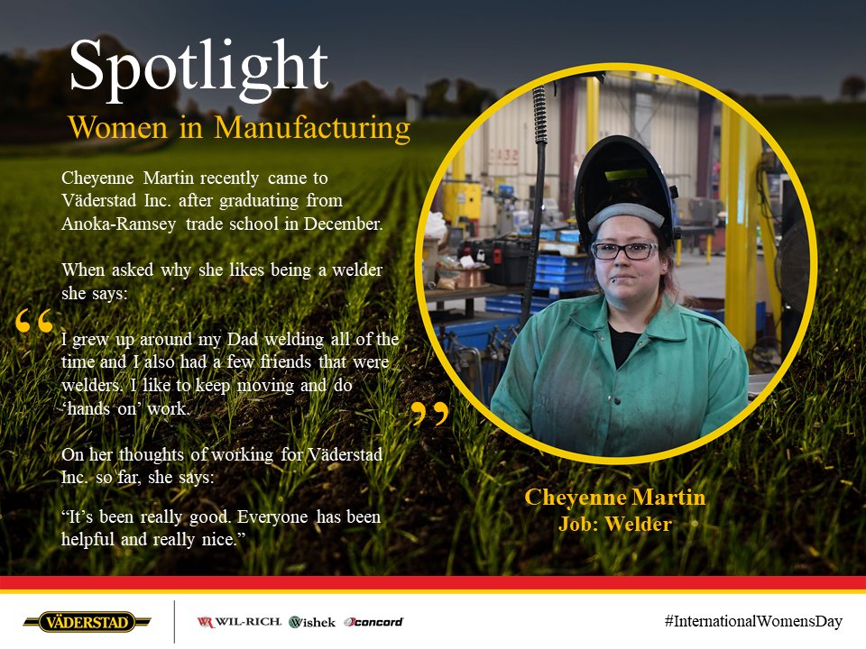 WishekT's tweet photo. On this International Women's Day we wanted to put the spotlight on a couple women that recently joined the Väderstad workforce in our Wahpeton plant. Meet Cheyenne &amp; Marisa! #internationalwomensday #womeninmanufacturing https://t.co/07hzR2XNYO