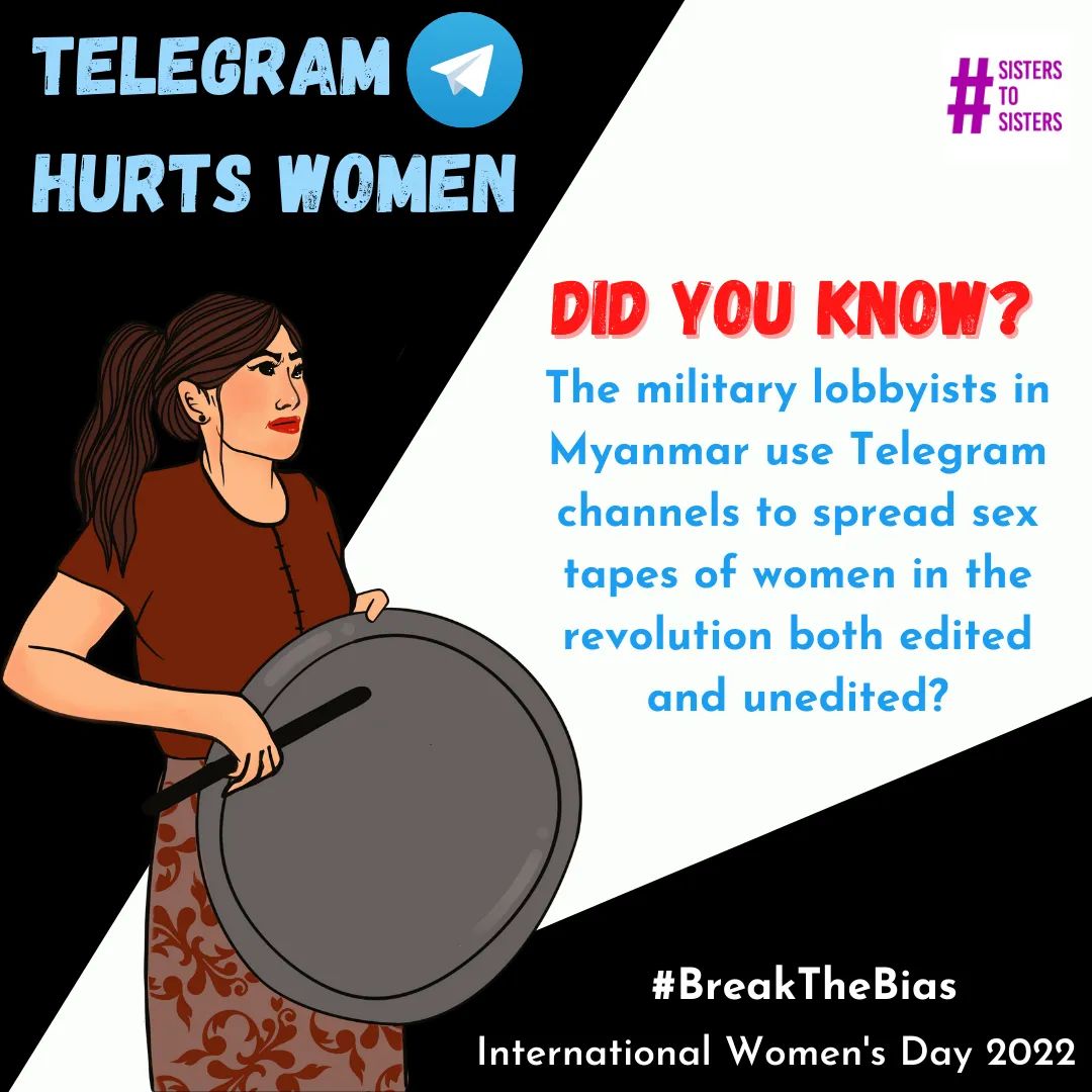 blackrosey's tweet photo. Did you know that the military lobbyists use telegrams channels to spread sex tapes of women in the revolution both edited and unedited? @telegram @durov must immediately engage in moderation to respond to real-world harms on the ground. #TelegramHurtsWomen #BreakTheBias 🙅‍♀️ https://t.co/IYS0Pz63aW