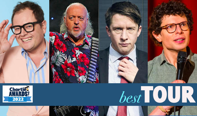chortle's tweet photo. First Chortle Award 2022 nominees announced | Alan Carr, Bill Bailey, Jonathan Pie and Simon Amstell up for best tour https://t.co/ipKBLaIiwH https://t.co/Qj9rNuoOCP