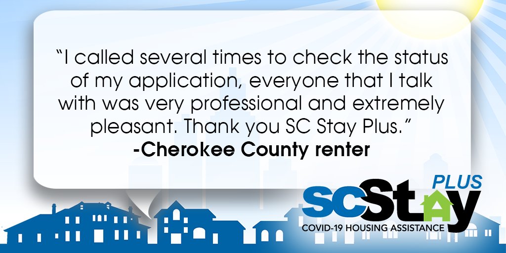 SCStateHousing's tweet photo. The SC Stay Plus call center is open for extended hours from 8 a.m. to 9 p.m. Eastern to assist applicants and landlords. If you need rent and utility assistance because of a COVID hardship, visit our website to apply. #SCStayPlus #TestimonialTuesday
https://t.co/5Myfk1vdzC https://t.co/vQIKFR1JJS