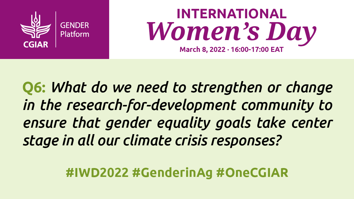 CGIARgender's tweet photo. Q6: What do we need to strengthen or change in the research-for-development community to ensure that #GenderEquality goals take center stage in all our climate crisis responses?

#IWD2022 #GenderinAg #OneCGIAR https://t.co/iricbFBeZ2