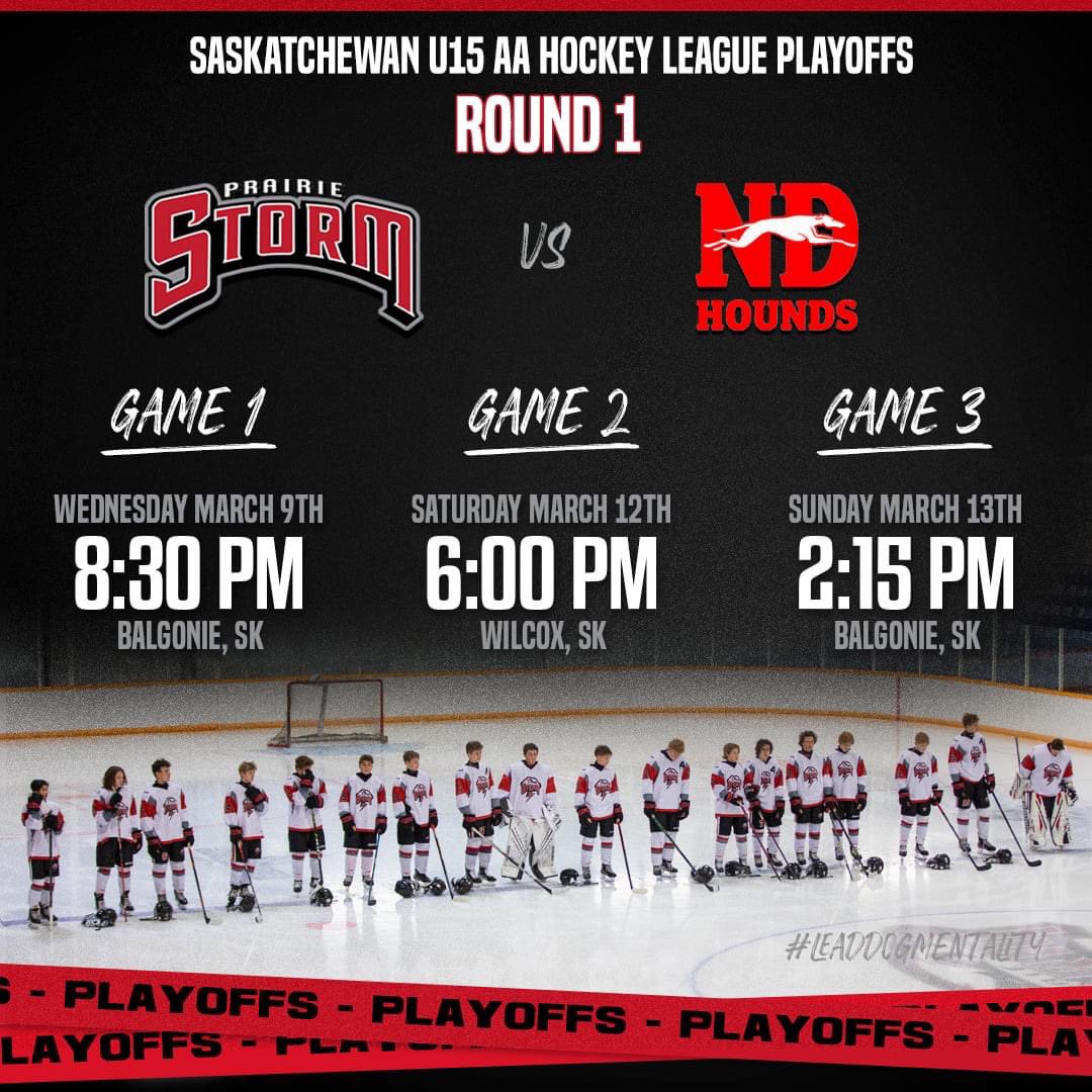 PLAYOFFS! We are set to take on the Notre Dame Hounds in a best-of-three series in the first round of the SAAHL postseason. Game 1 this Wednesday in Balgonie. Stay tuned to our social media feeds for game day posts and post season updates. #leaddogmentality