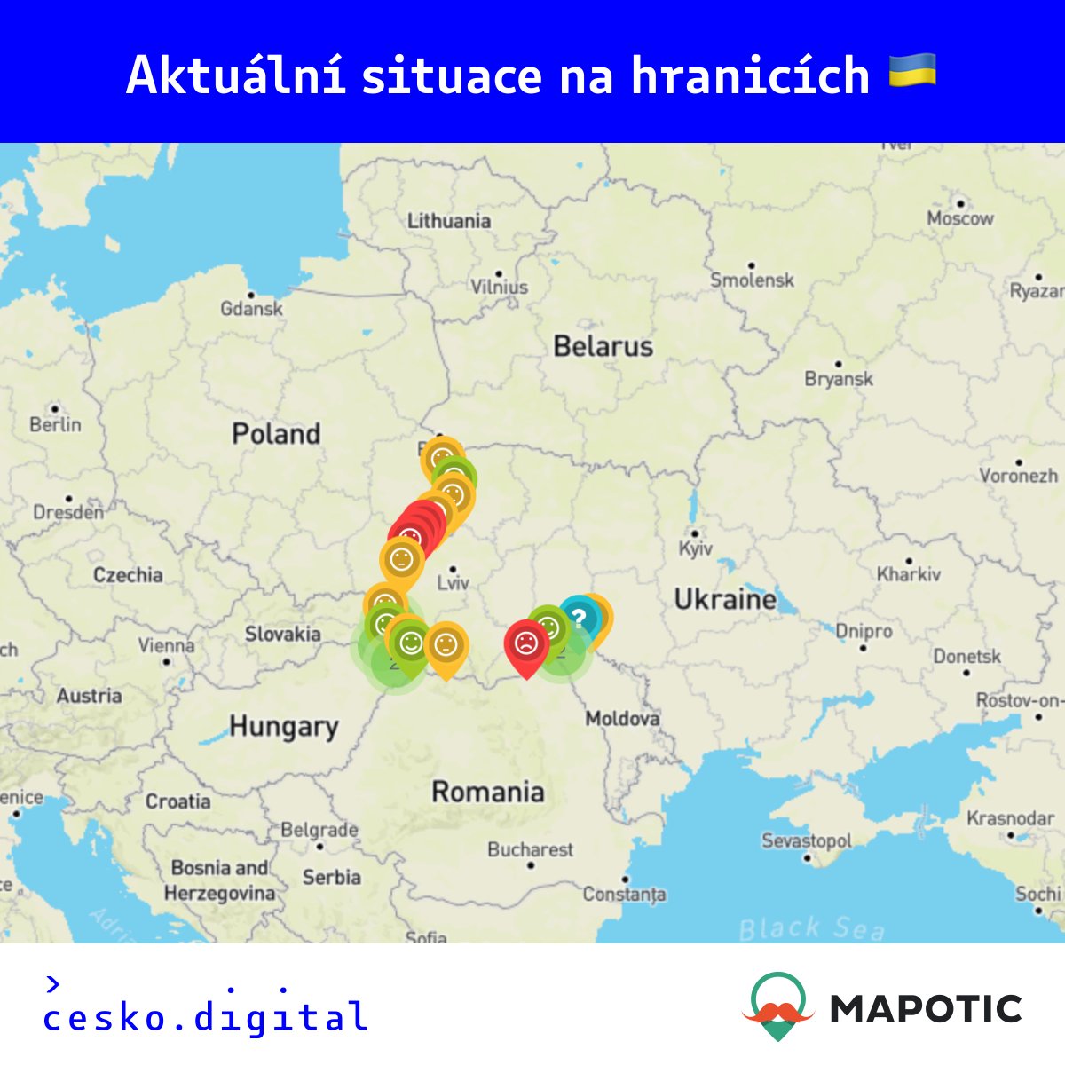 🎉 Další projekt mířící na pomoc Ukrajincům! Dobrovolnický tým <a href="/CeskoDigital/">Česko.Digital</a> ve spolupráci s <a href="/mapotic/">Mapotic</a> vyvinul Mapu hraničních přechodů 🗺️, která poskytuje přehled o aktuální situaci na ukrajinských hranicích 👉 bit.ly/uaborders