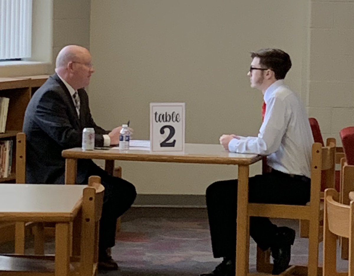 LauraPugh14's tweet photo. Had the privilege of interviewing an impressive senior interested in a career in education.  Senior Mock Interviews are one of my favorite events!  Thank you to the volunteers who come in to do the interviews and a huge shout out to @kjomoore and Anita Brown for organizing! https://t.co/EOVZFfSz84