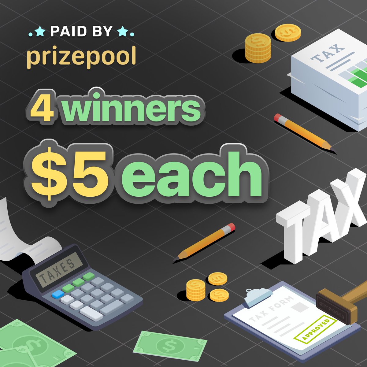 prizepool's tweet photo. nothing is certain but death, taxes, and the fact that we love to give away cash! it’s time to get #PaidByPrizePool again😎 4 winners will enjoy a $5 cash prize credited to their PrizePool accounts. https://t.co/U2GcauUDND