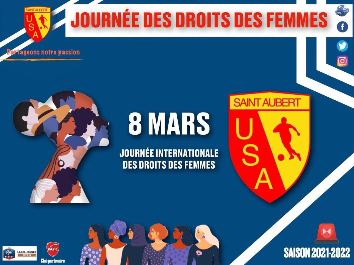 UsAubert's tweet photo. L'Union Sportive Aubertoise souhaite une très belle journée a vous Mesdames, Joueuses, Dirigeantes, Arbitres, Présidentes mais également Femme de joueurs, Maman de joueurs. ⚽️

BONNE JOURNÉE MESDAMES 💙🤍

#8mars #InternationalWomensDay #JourneeDesDroitsDesFemmes #8mars2022 https://t.co/bdvBBI42d5